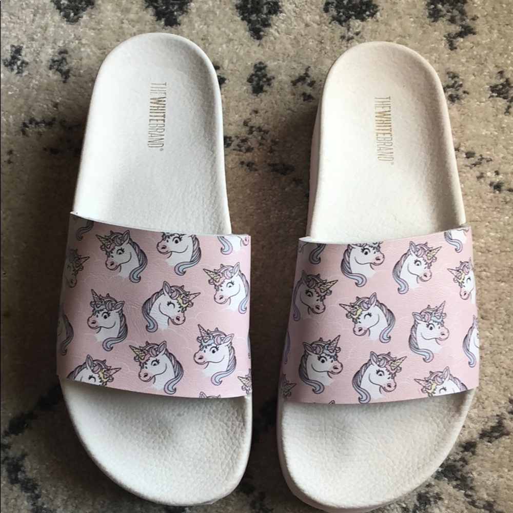 The white brand unicorn platform slides size 40